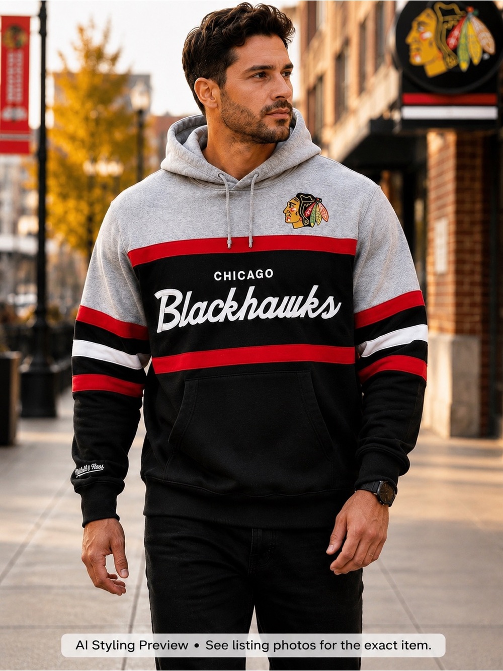 Mitchell & Ness Chicago Blackhawks Hoodie Gray Black NHL Embroidered Men M